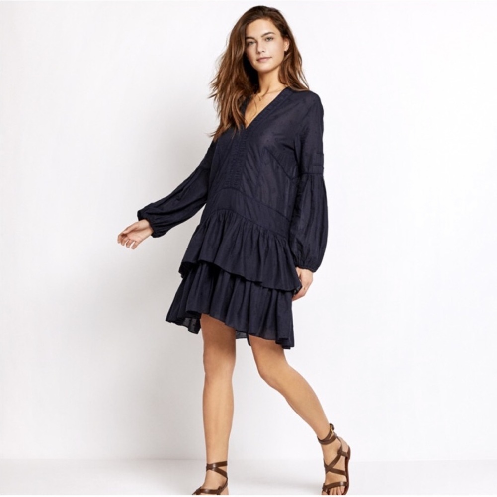 Ulla Johnson Long Sleeve V Neck Tiered Dress Navy Blue Cotton 4 Jaclyn